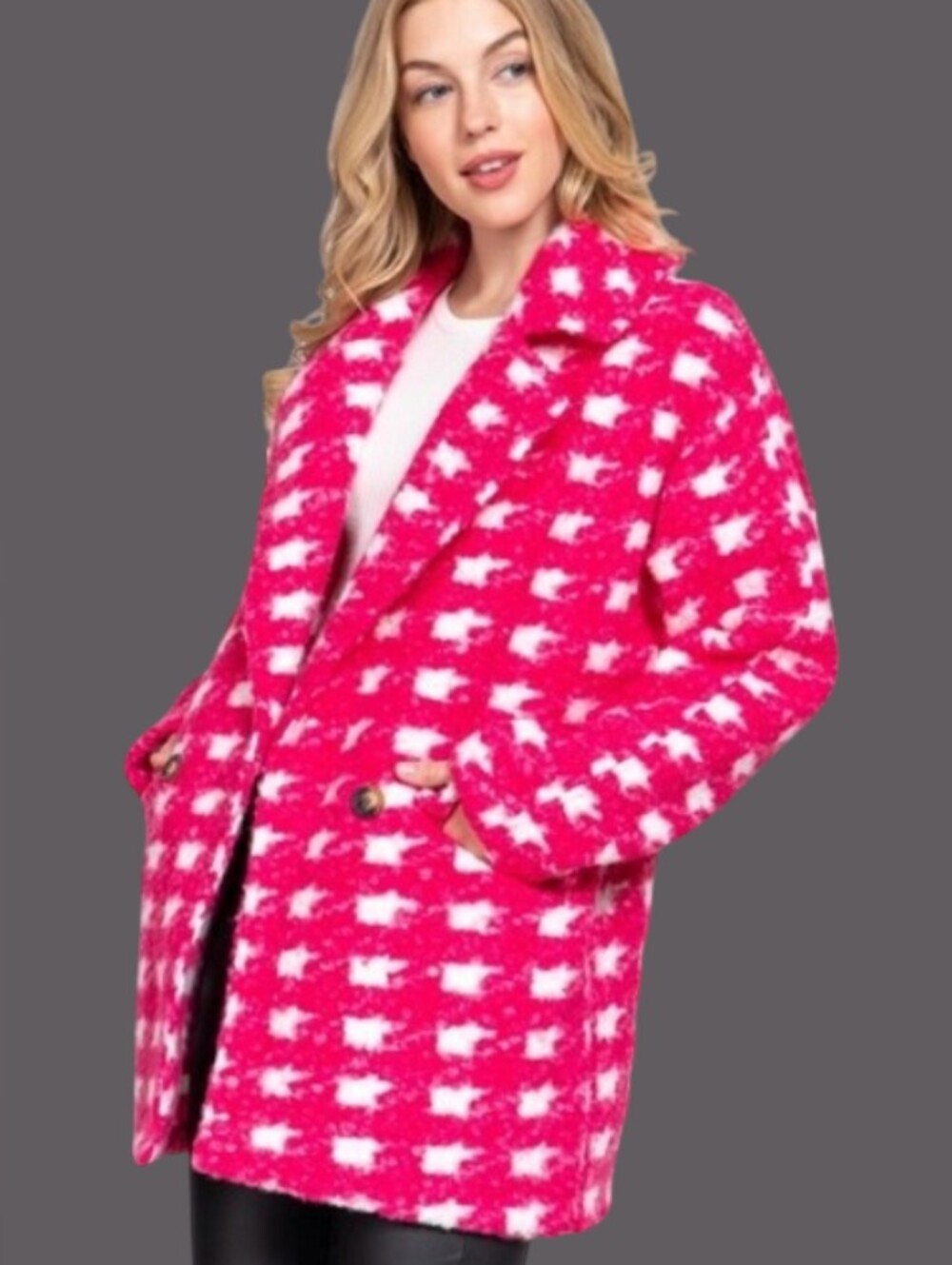 Pink Check Houndstooth Peacoat